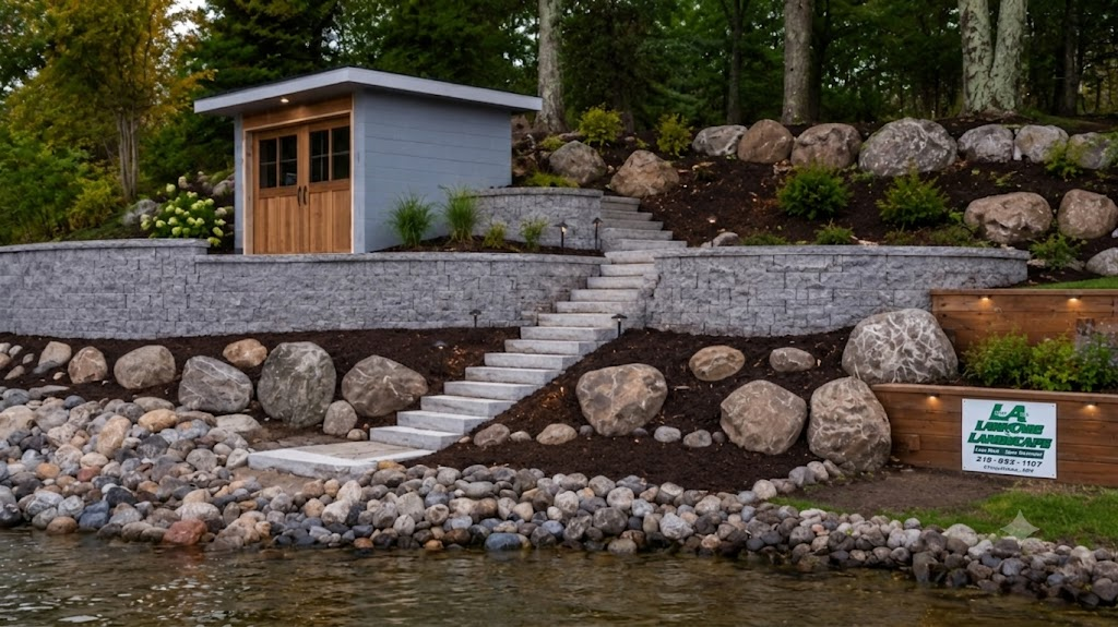 Lakeside stone staircase with retaining walls, boulders, and boathouse